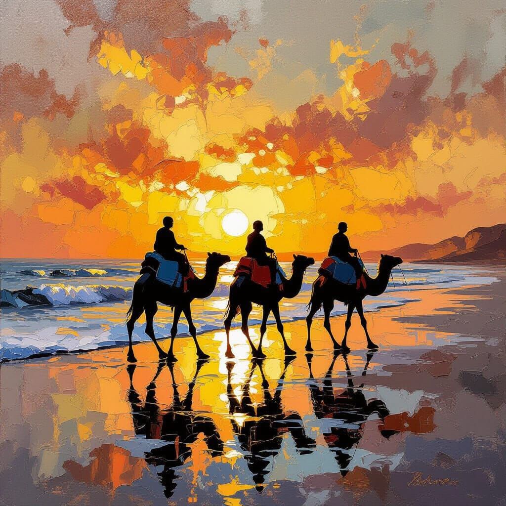 Camels on Shoreline in Abstract Impasto Oil Painting