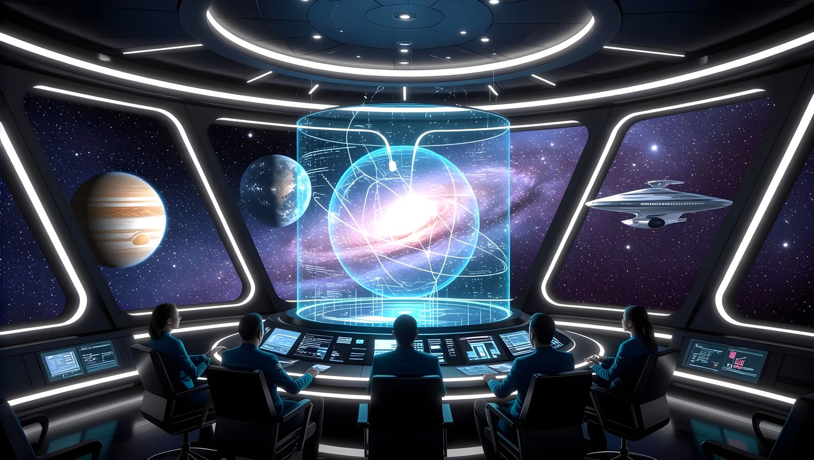 Surreal Space Bridge with Central Holotank and Cosmic Vista