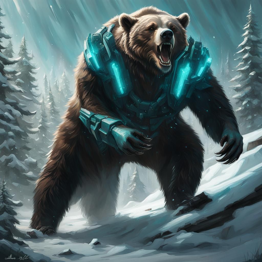 Cyberpunk Anthro Grizzly Bear with Luminous Brushwork