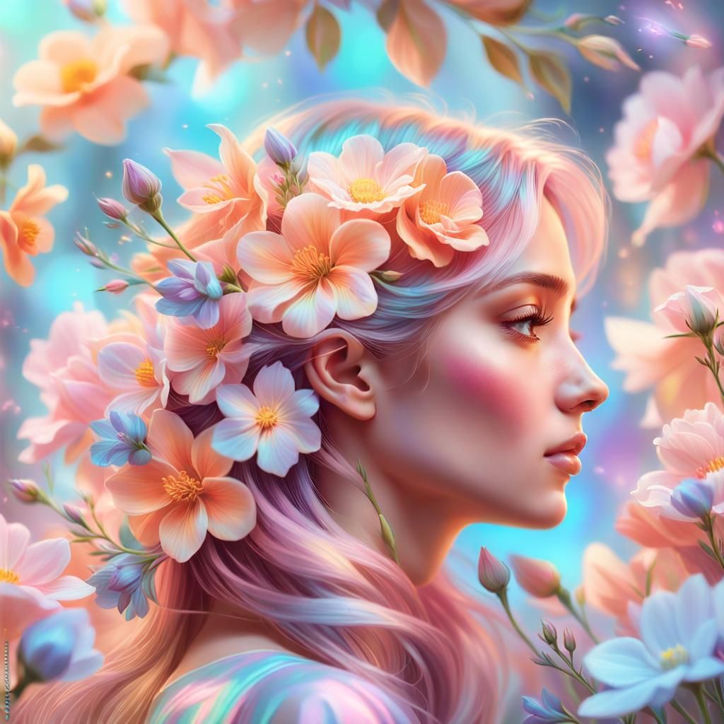 Ethereal Girl Portrait with Holographic Flowers