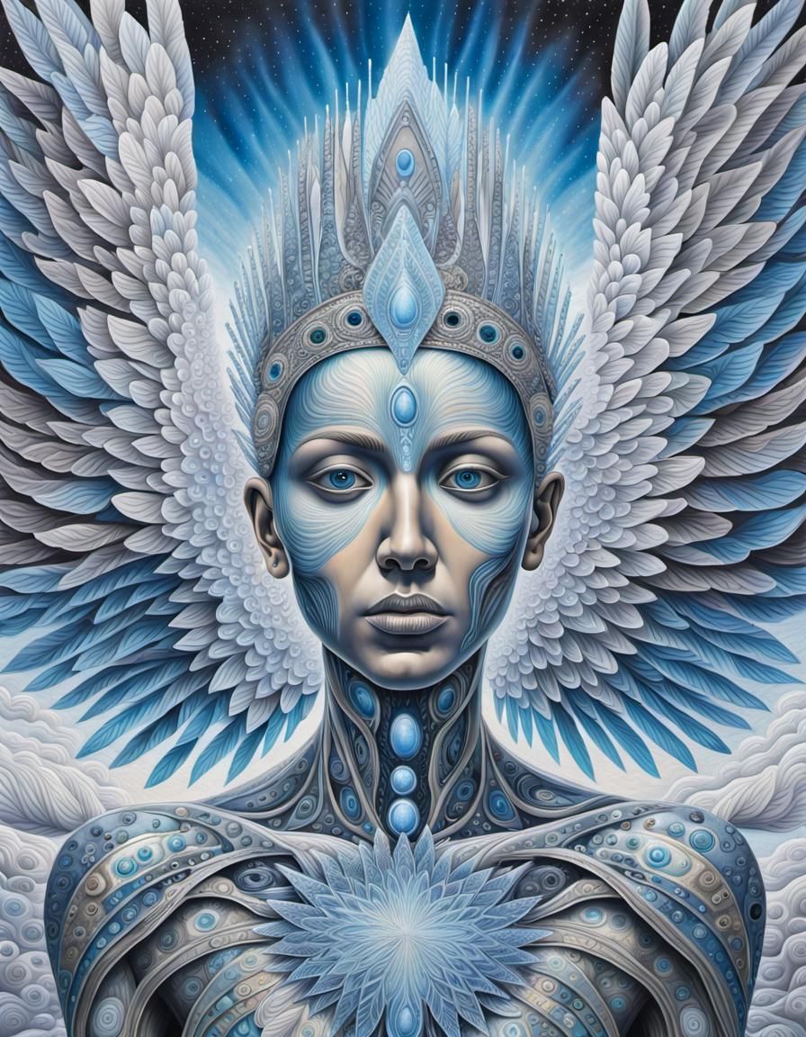 In shades of metalic blues and greys Alex Grey style hyperde...