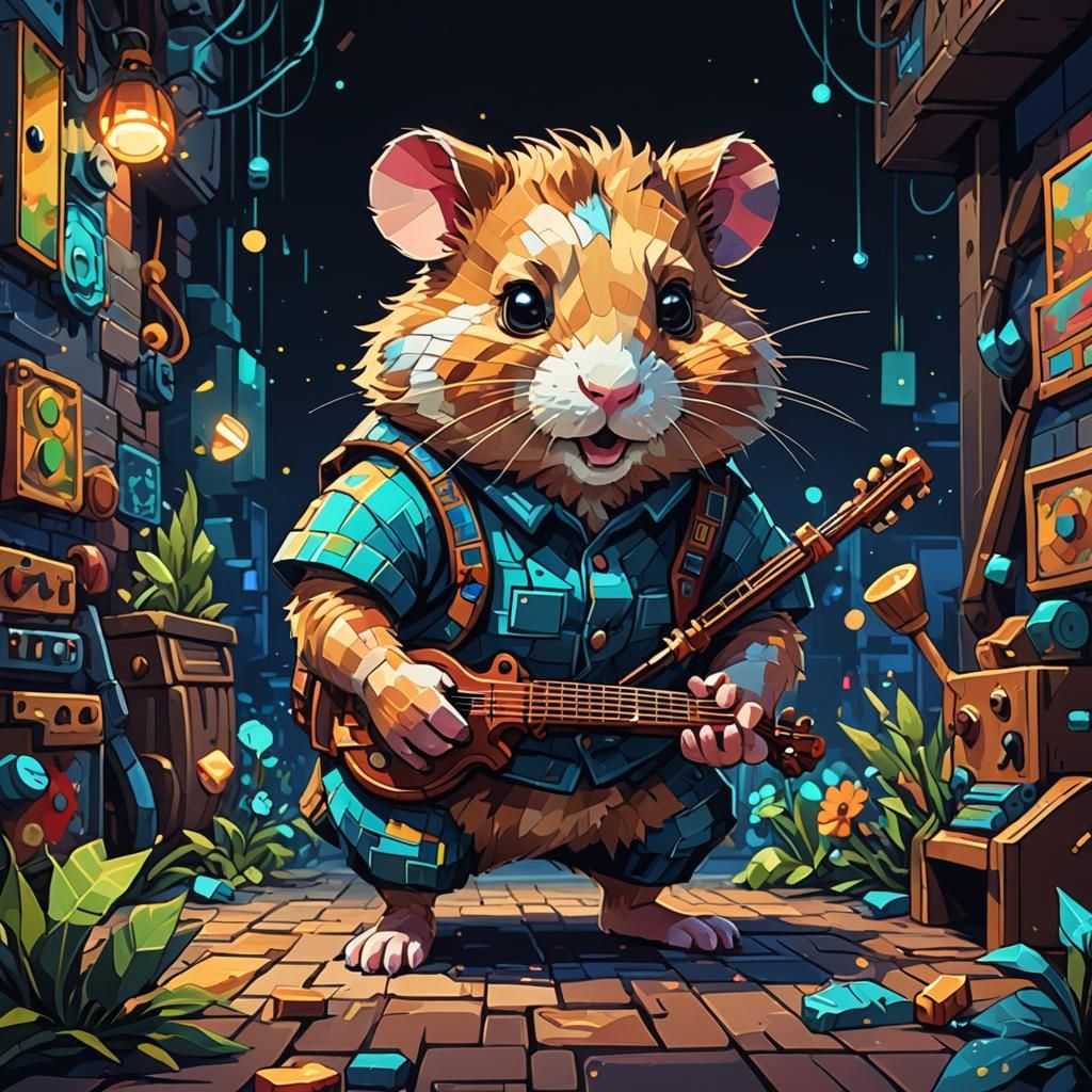 Happy Hamster Musician in Pixel Art Style