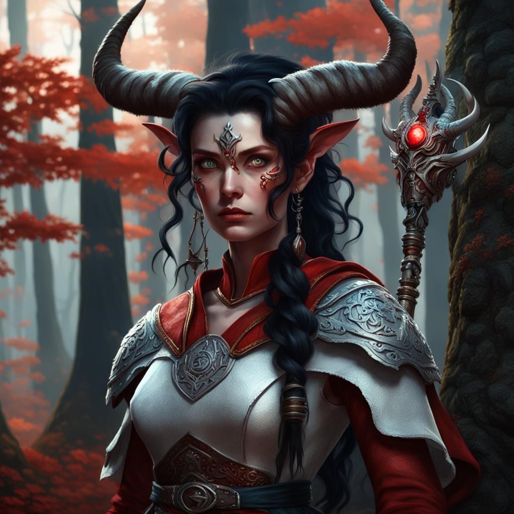 Tiefling Oracle in Forest, Fantasy Concept Art