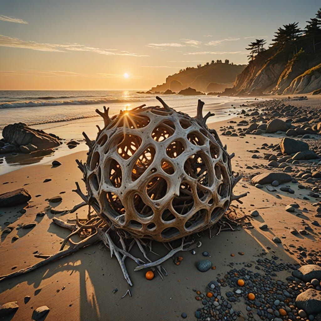 Golden Hour on Rocky Beach with Driftwood Root Ball