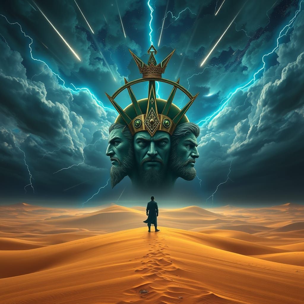 The Emerald God: Majestic Desert Vision in Cyberpunk Style