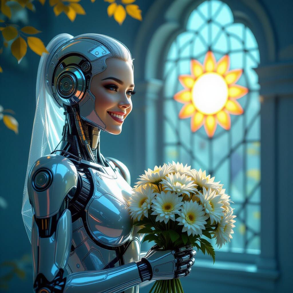 Cyborg in Fabergé Bodysuit Smiles Amidst Autumn Leaves