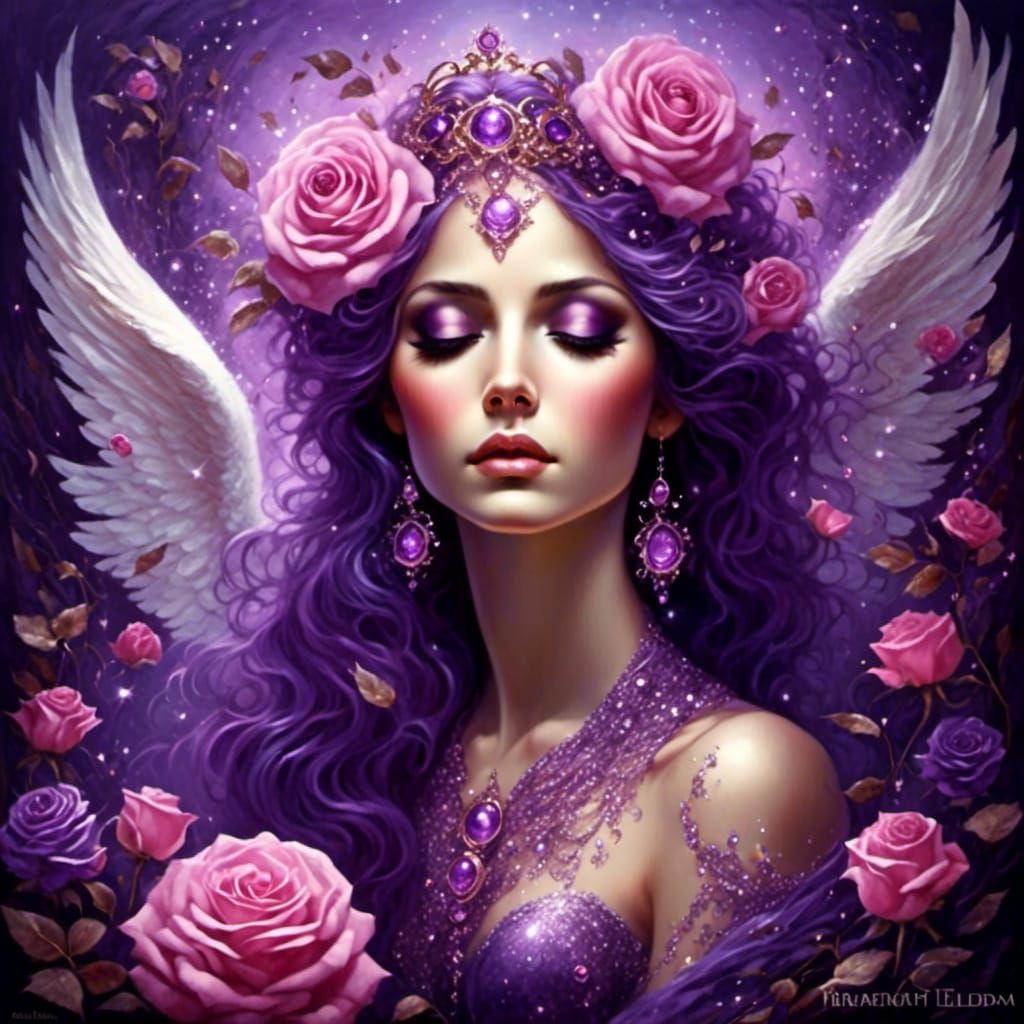 Enchanted Garden Angel with Pink and Purple Roses