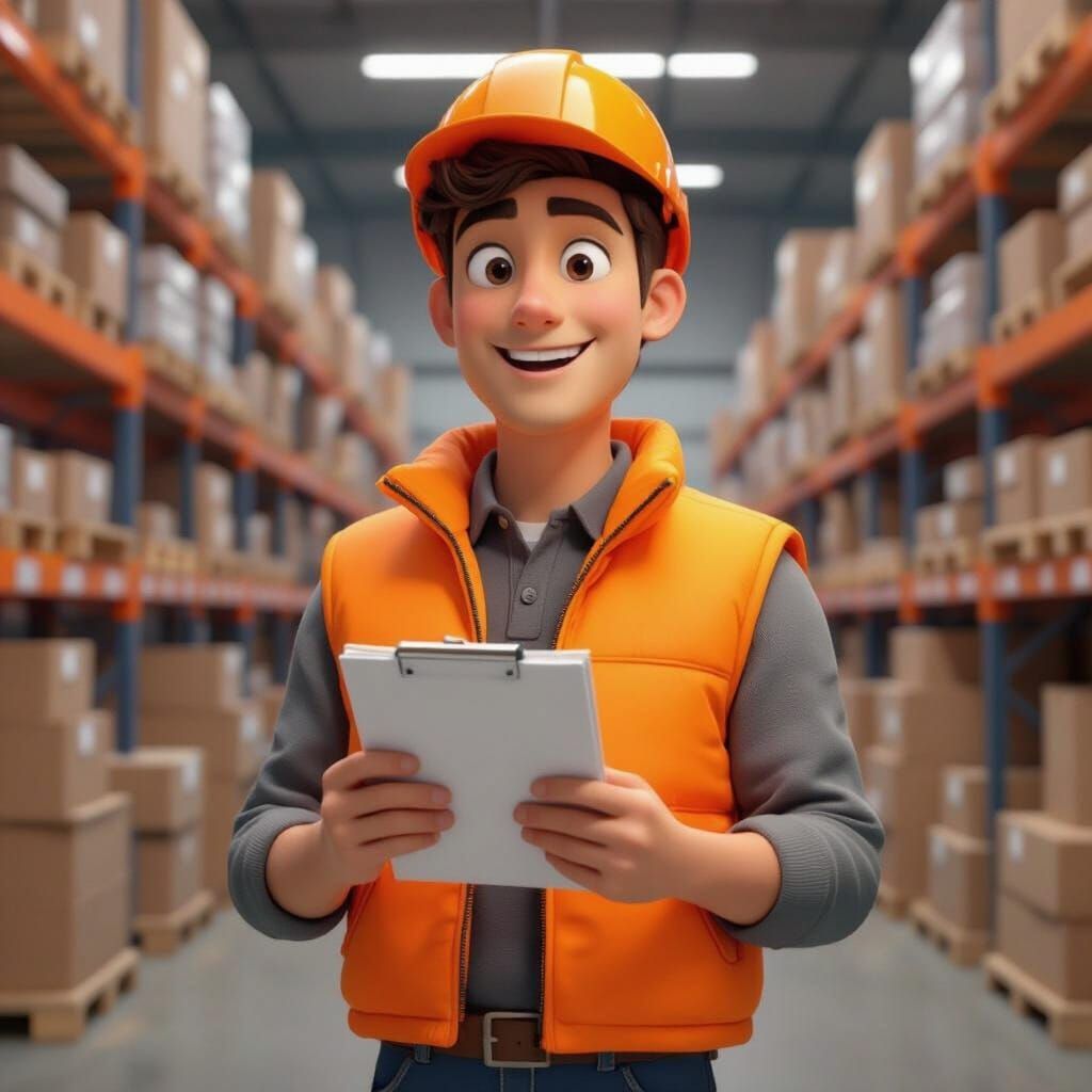 Animated 3D Character in Orange Vest and Helmet