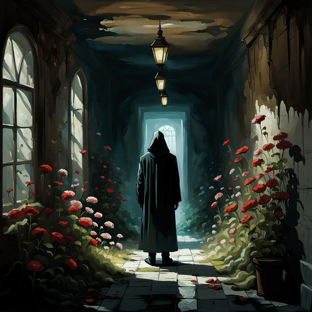 Mysterious Figures in Hallway with Flowers: Sinister Art