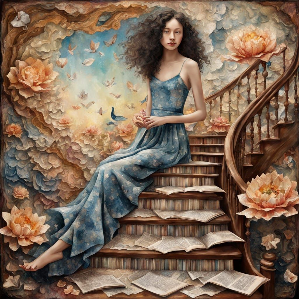 Girl on Whimsical Staircase in Dreamlike Landscape