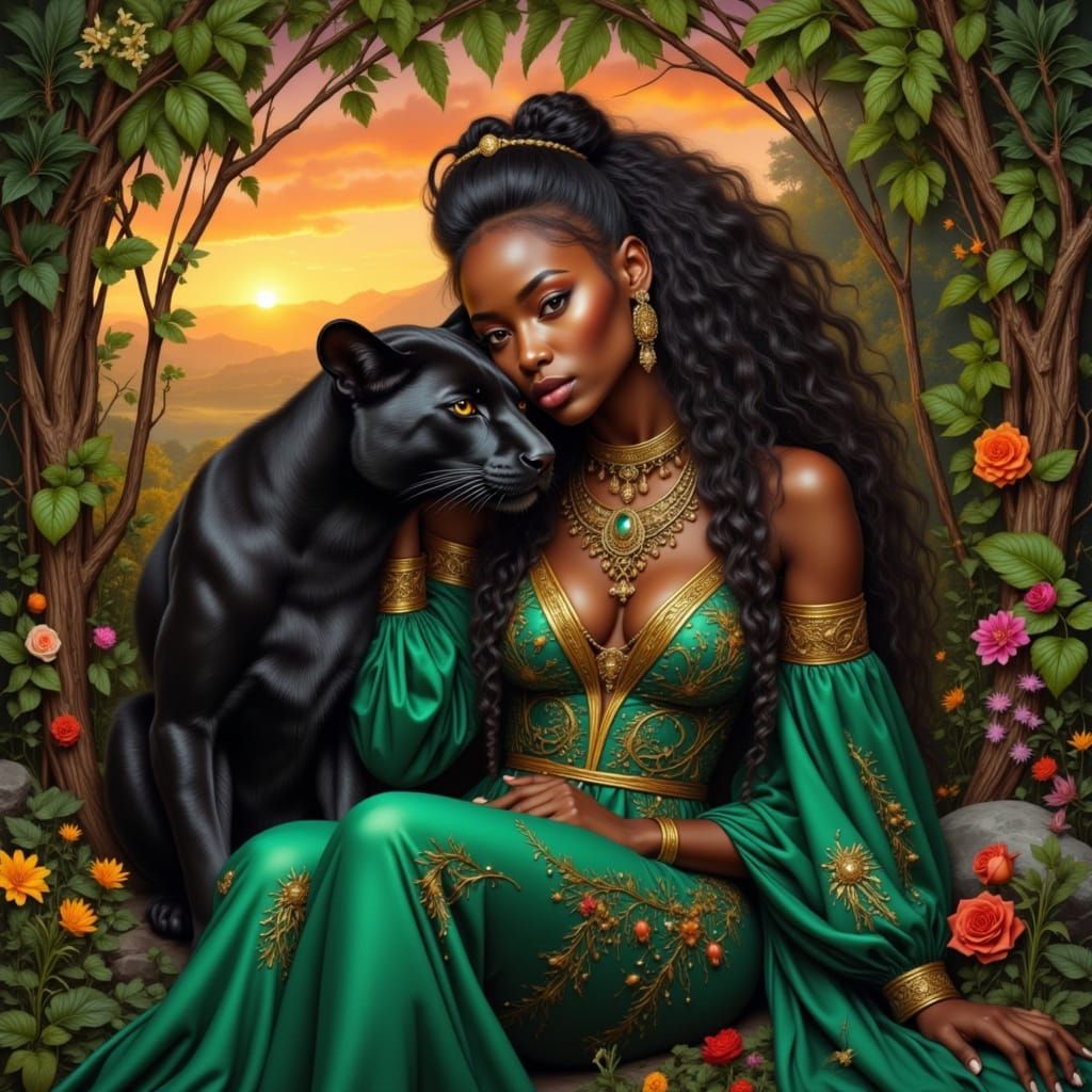 Fantasy Portrait of African Beauty with Emerald Panther