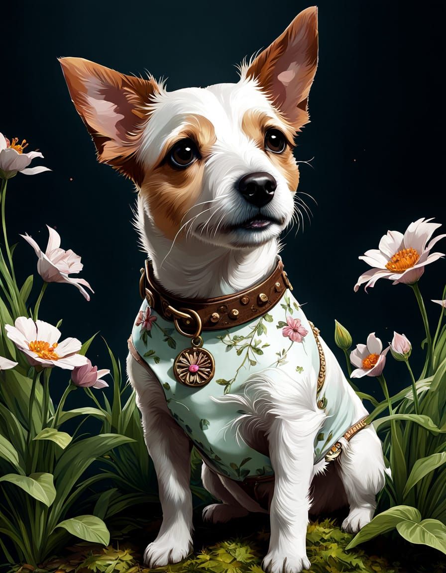A Baby Jack Russell Terrier in Vibrant Floral Spring Attire,...