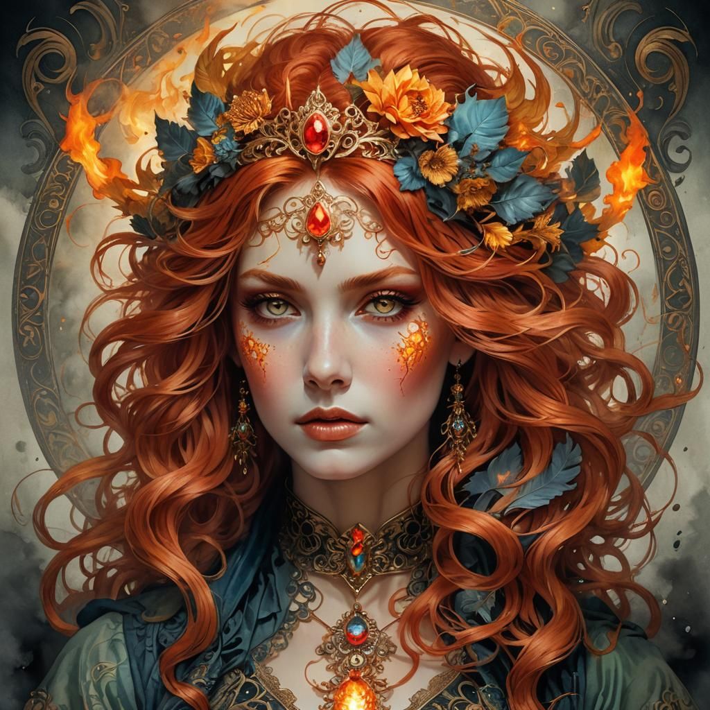 Mystic Fire-Haired Woman in Watercolor and Ink