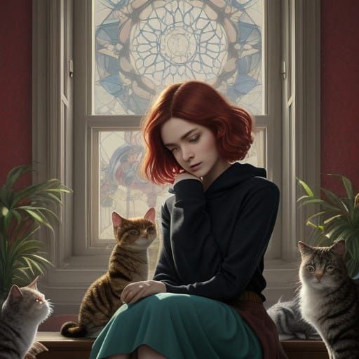 Confident Girl with Feline Friends in Vibrant Splash Art