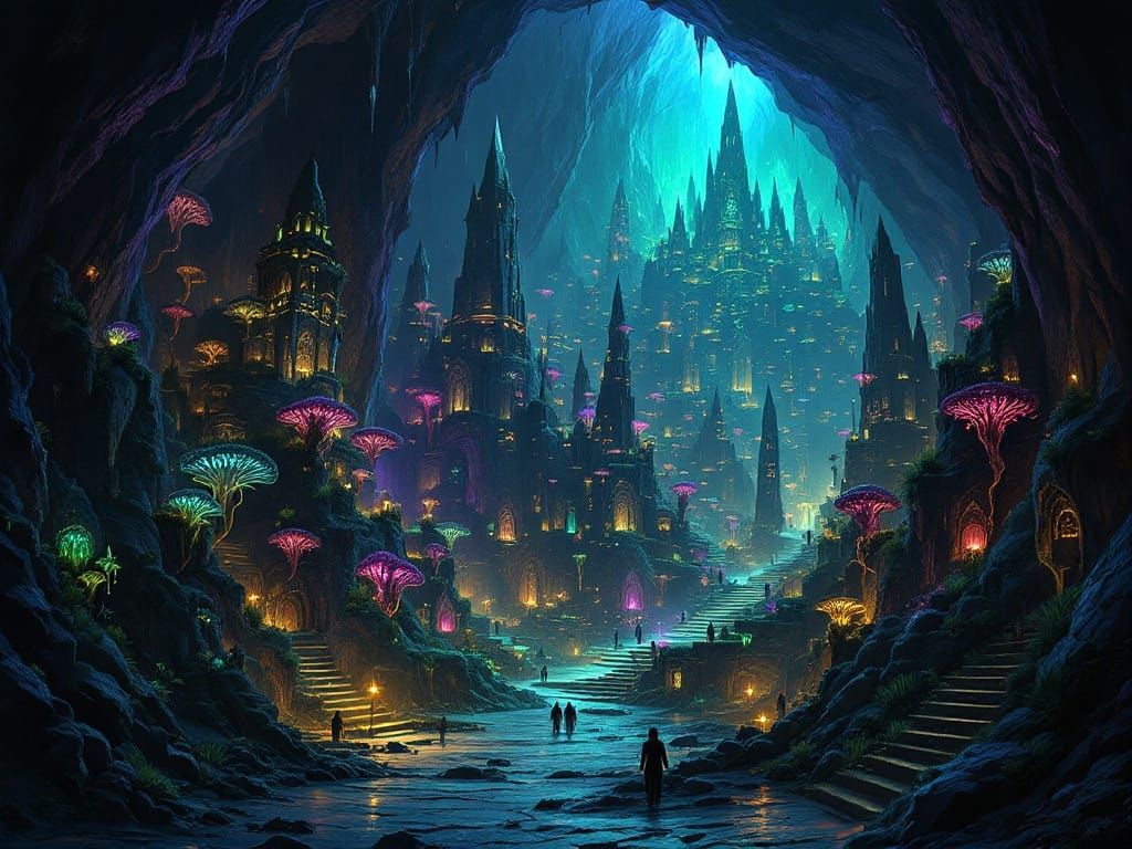 Underground Drow Metropolis in Ethereal Twilight