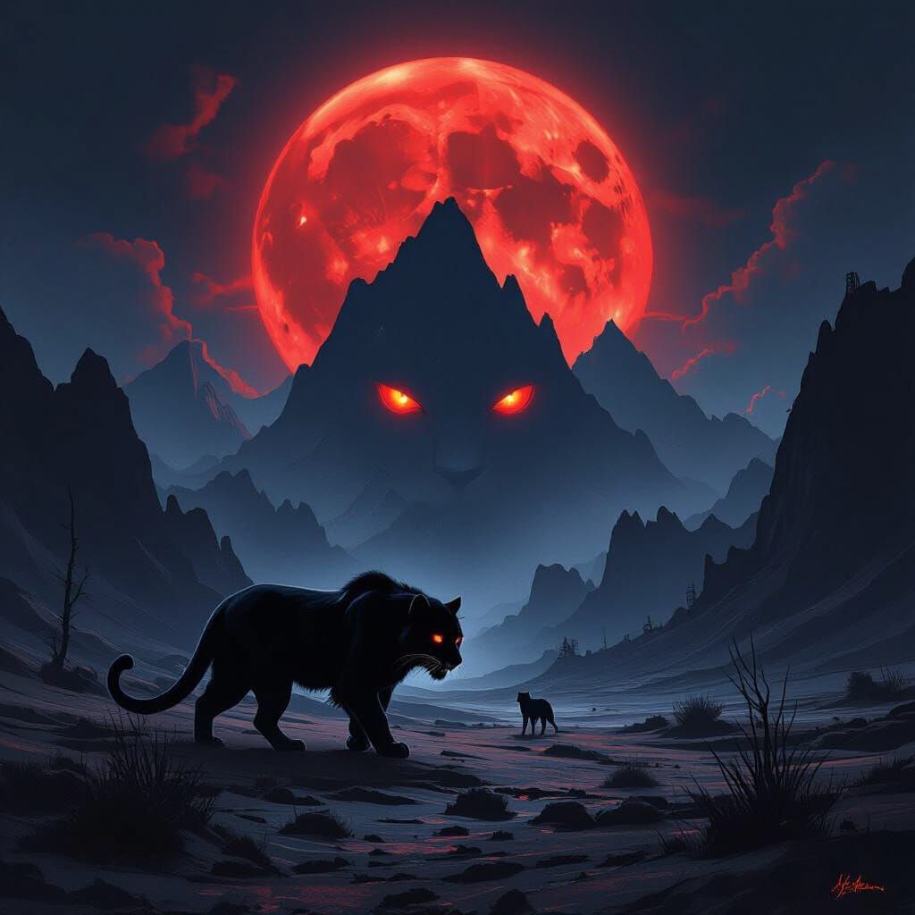 Monstrous Black Mountain Lion Under Red Moon