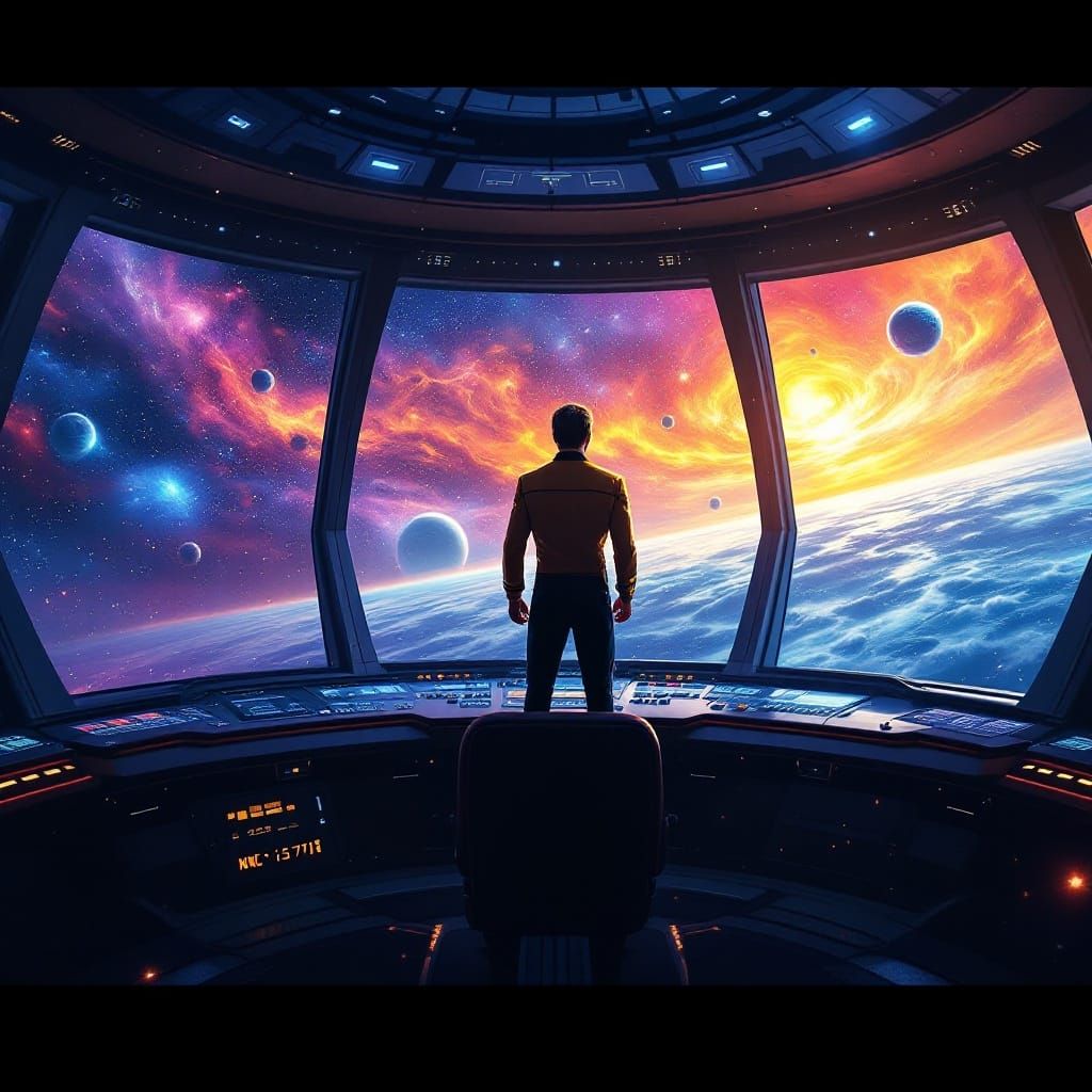 Heroic Space Captain in Futuristic Starship Bridge Scene