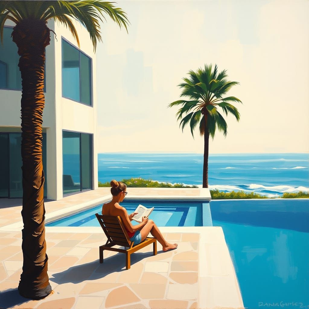 Expressionist Poolside Reading: Abstract Oil Painting