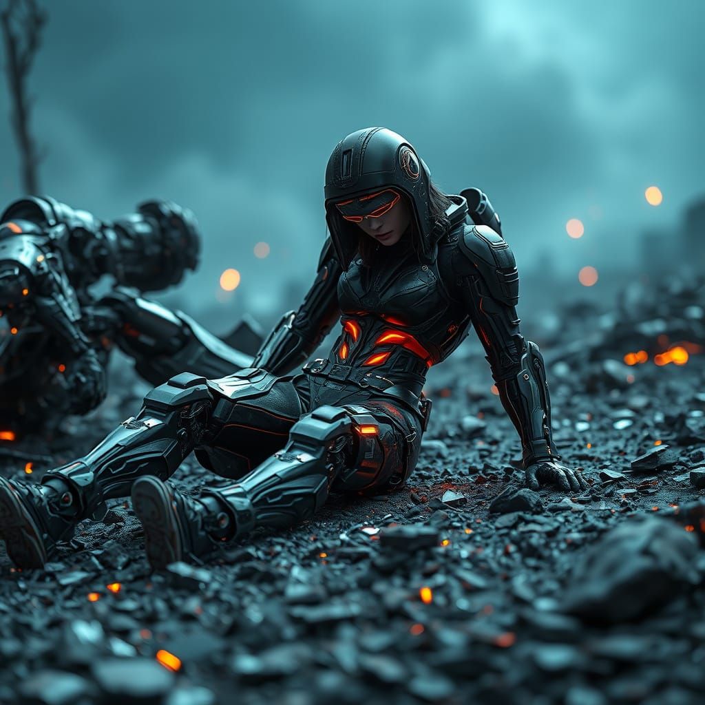 Cyberpunk Warrior Defeated on a Dystopian Battlefield