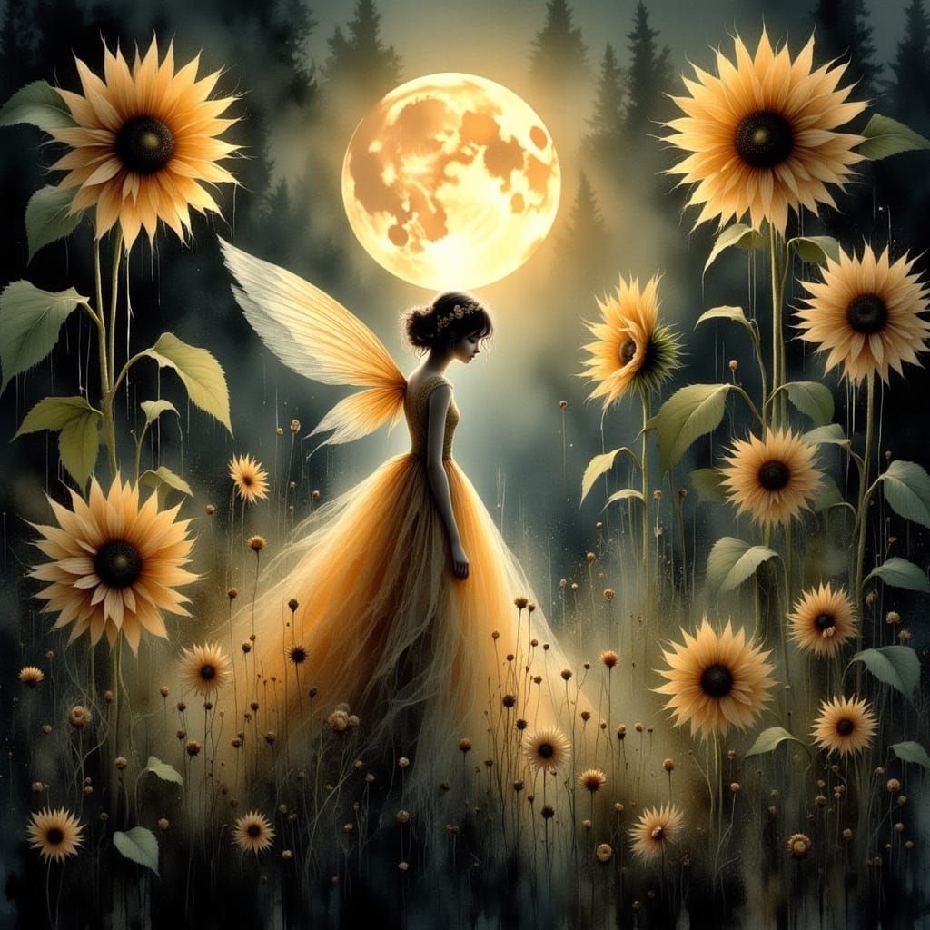 <lora:Light and Lace-Flux:1.0> <lora:Veil of Nightmares:1.0> golden fairy in a dark encaustic sunflower garden in a magi...