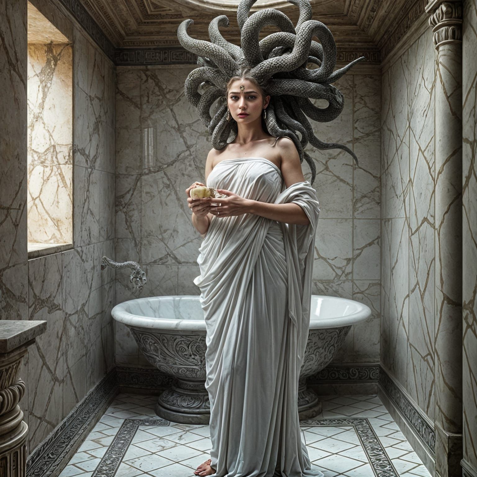 Hyperrealistic Medusa Goddess in Ancient Greek Bathroom