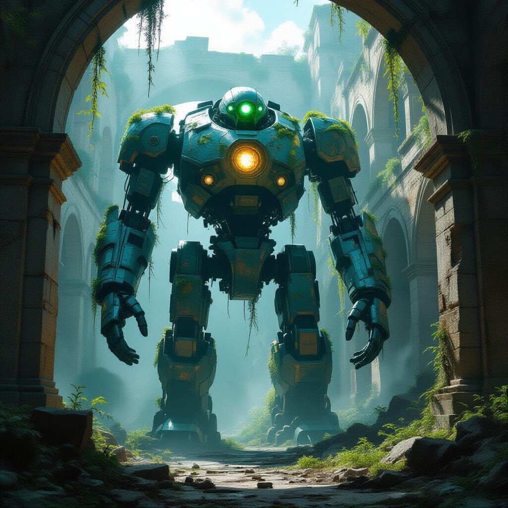 Ancient Automaton in Ruined City, Cinematic Style