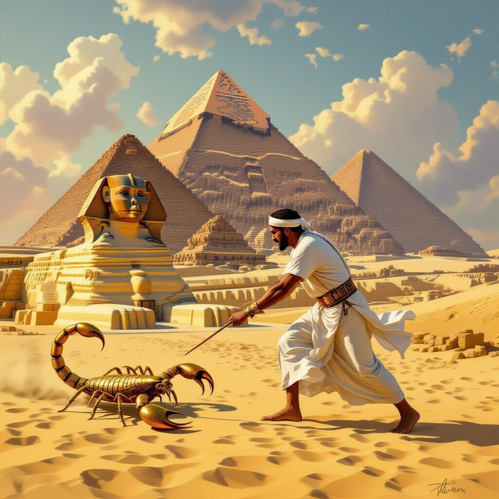Golden Scorpion Chasing Pyramid Builder in Egypt