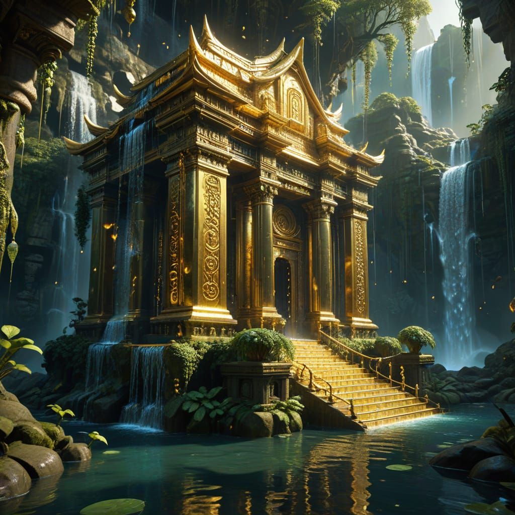 Golden Temple with Currency Waterfalls in Surreal Fantasy St...