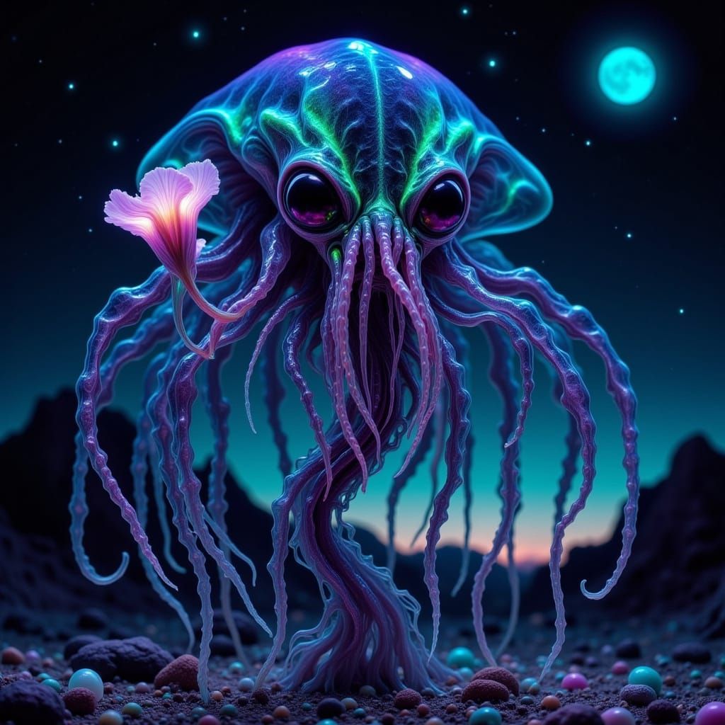 Bioluminescent Alien Inspects Flower on Alien World