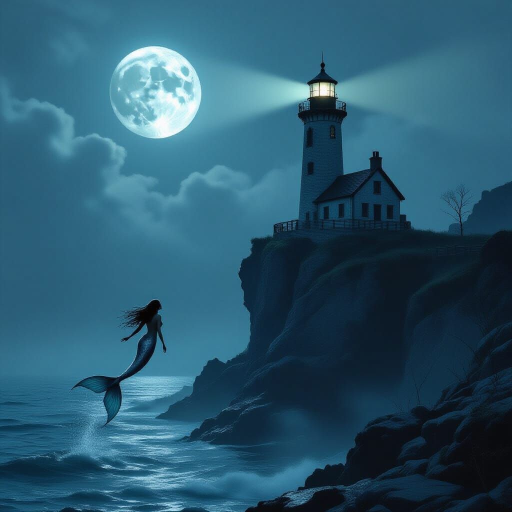 Mermaid Leaps Under Moonlight in Dark Fantasy Style