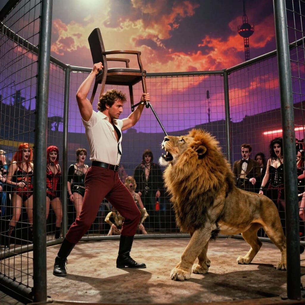 Heroic Lion Tamer Faces Savage Beast in Epic Fantasy Scene