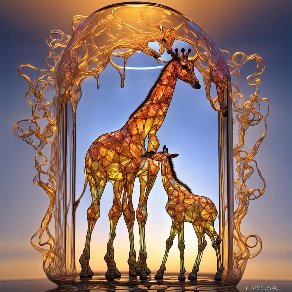 Glass Giraffe with Golden Baby: Photorealistic Surrealism