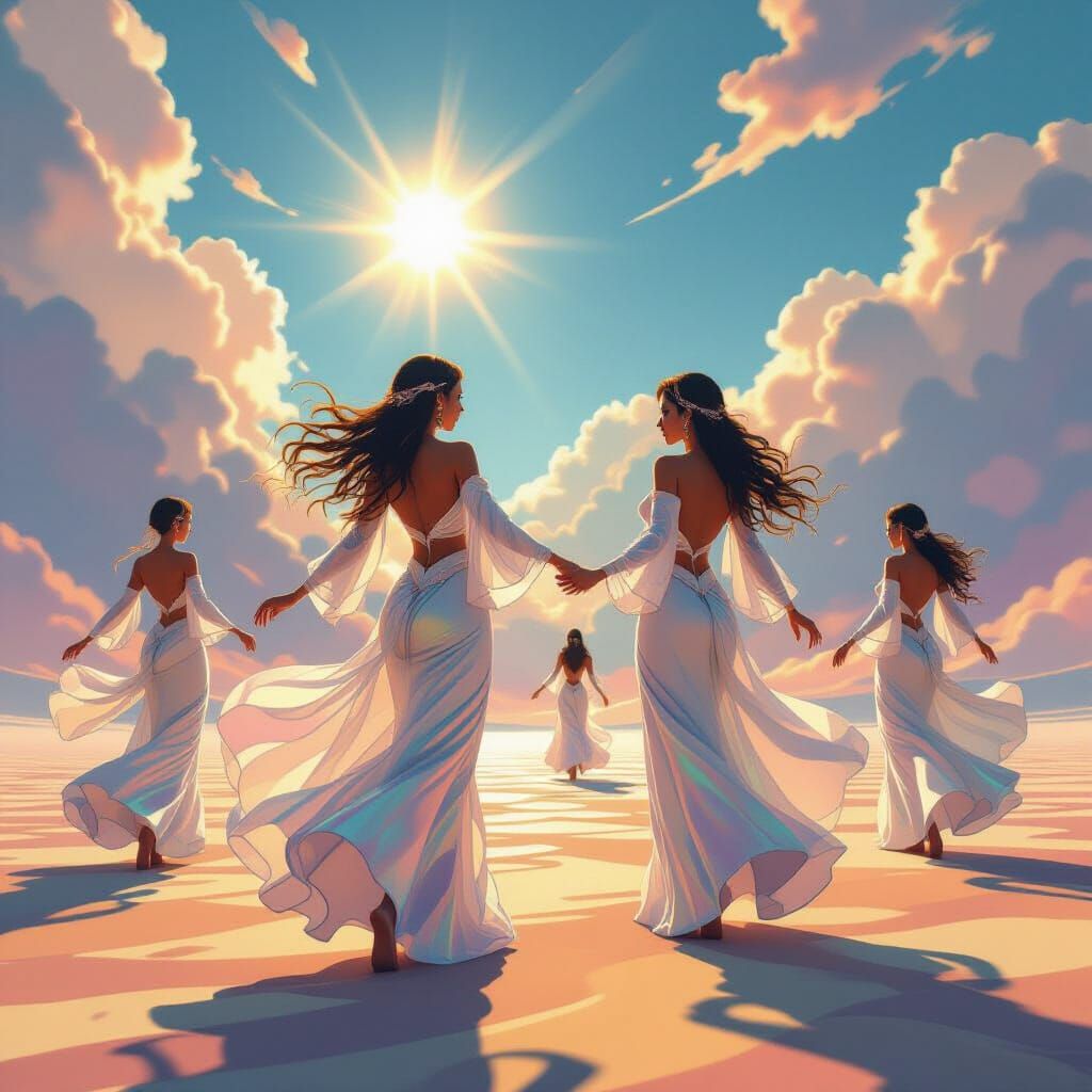 Mythical Light Dancers in Dreamlike Cartoonscape