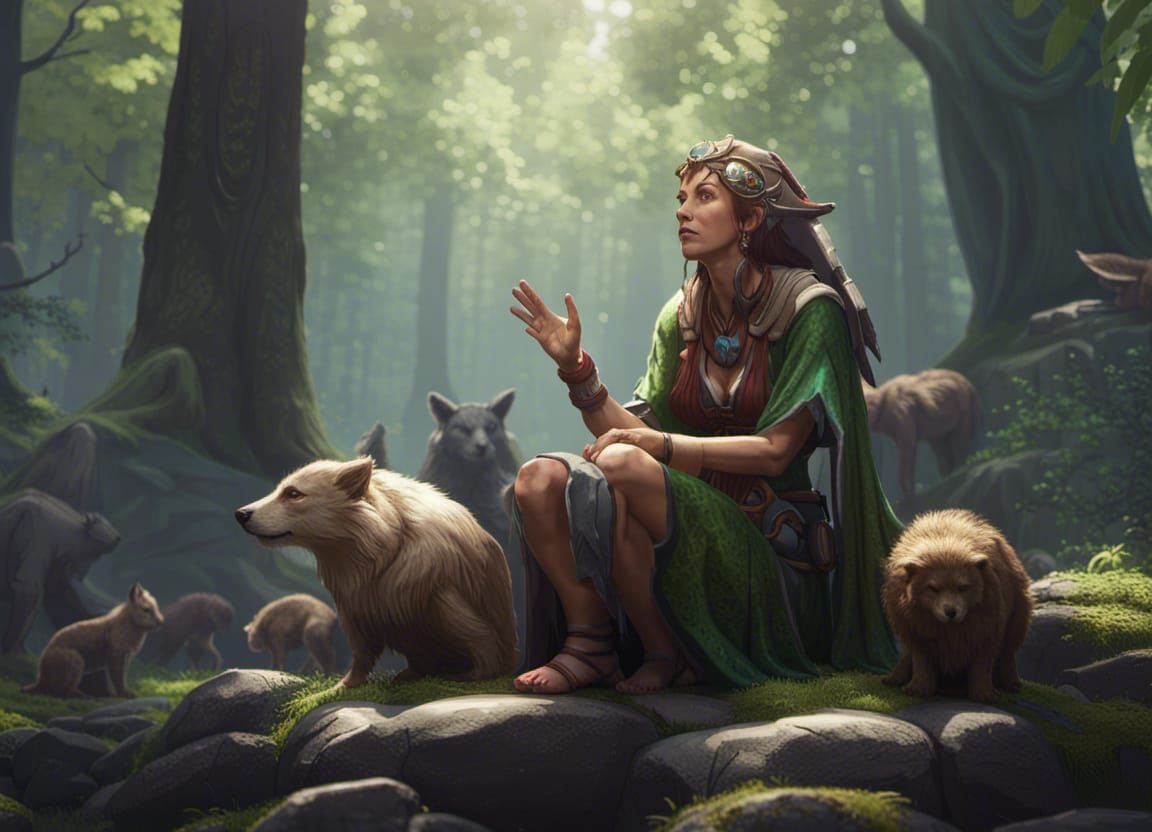 Druid Talking to Animals in Hyperdetailed Forest