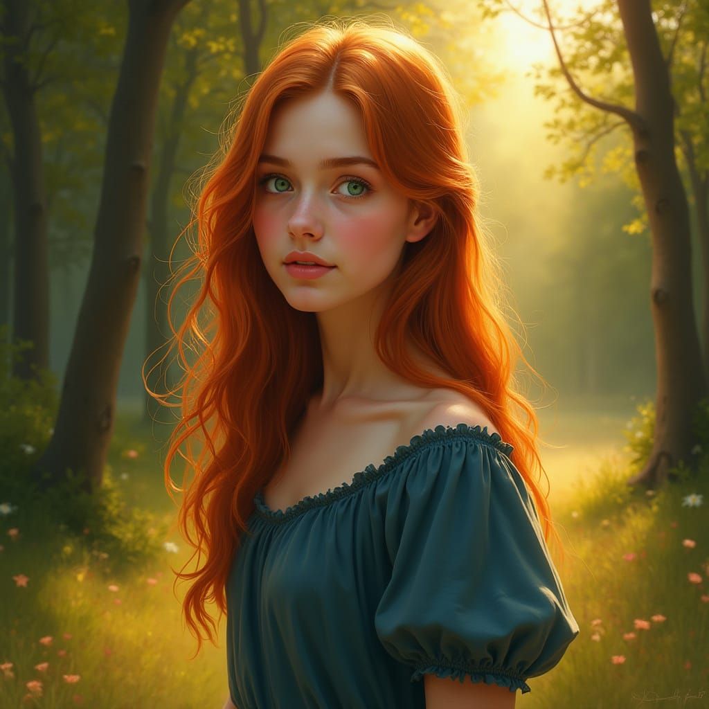 Maddyson: Ethereal Oil Portrait of Woman in Forest