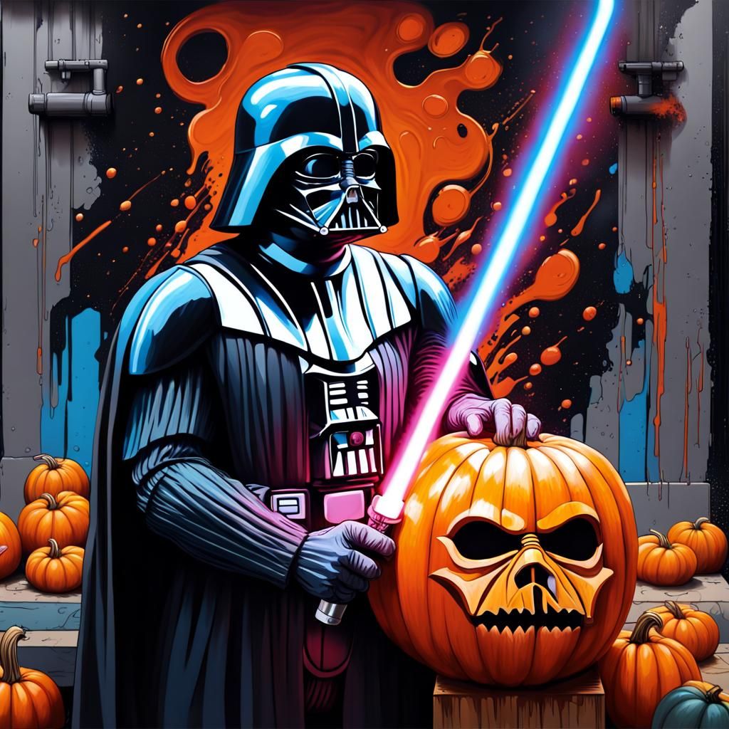 Darth Vader Carving Pumpkin in Graffiti Style