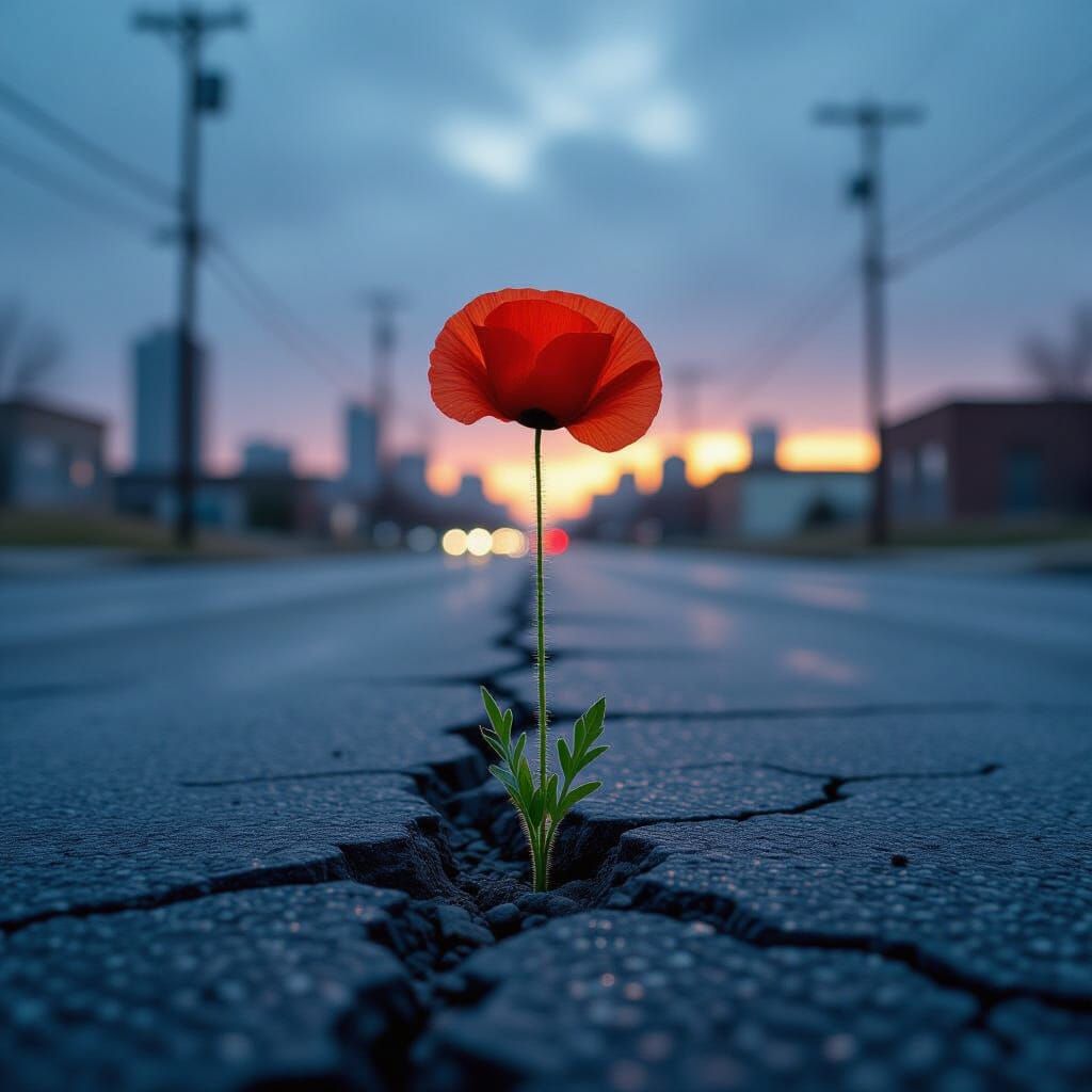 Red Poppy Survives Urban Decay in Stormy Twilight