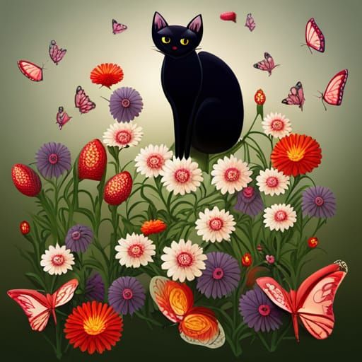 Black Cat in Butterfly Garden