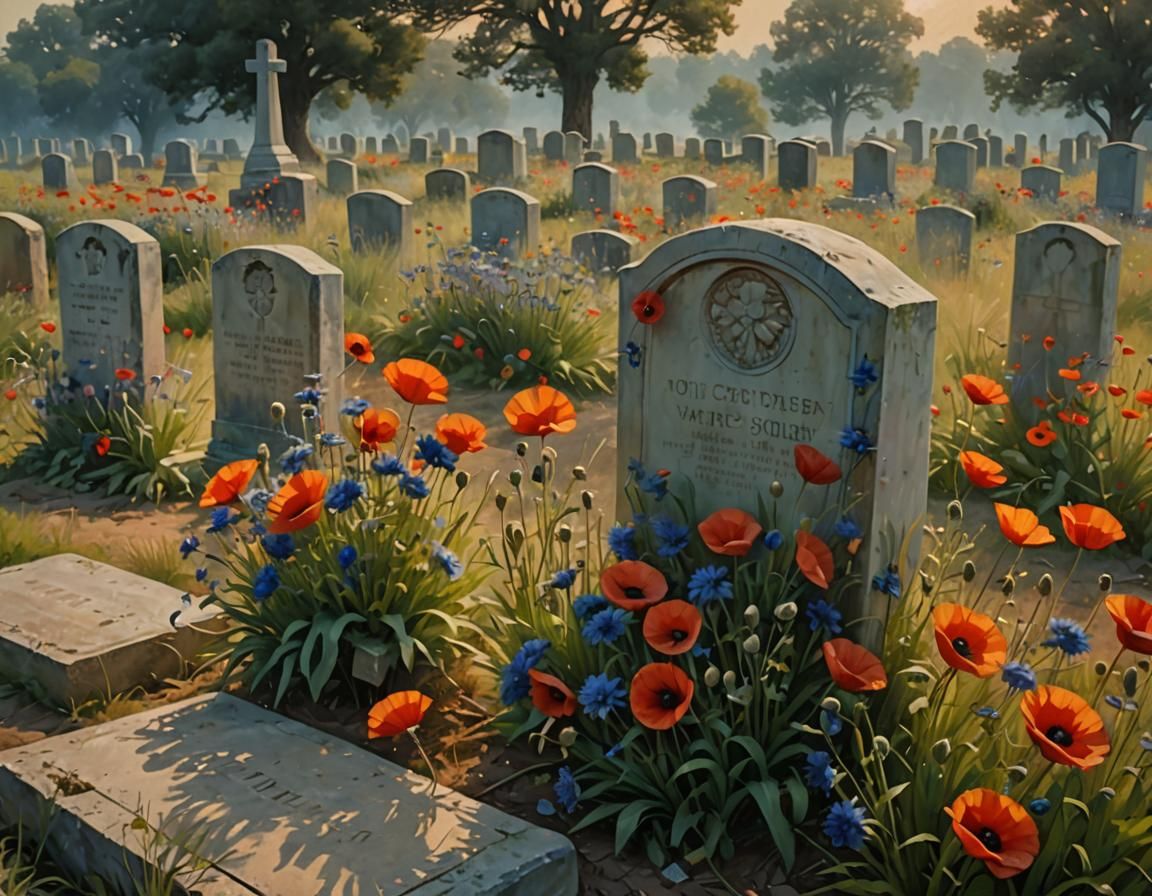 Surrealist Oil Painting: Flowers Bloom at Soldier's Tomb