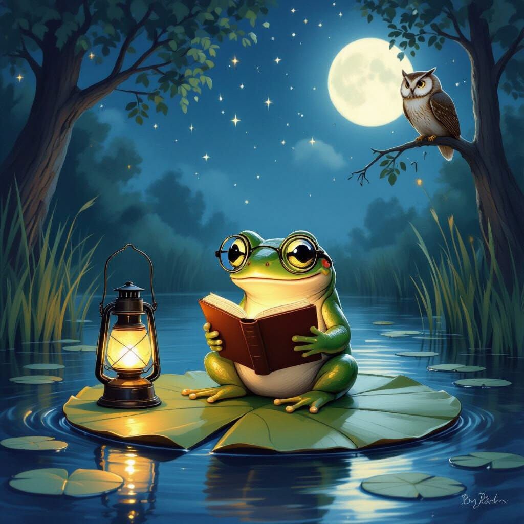 Whimsical Baby Frog Reads by Lantern Light in Moonlit Pond