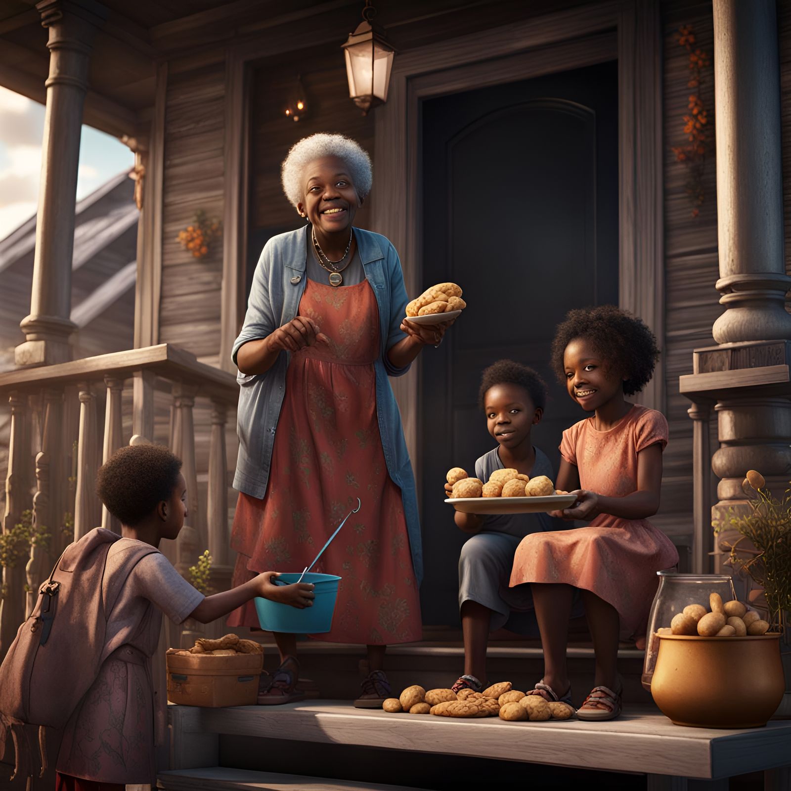 Black Grandmother Treats Children: Detailed Matte Painting
