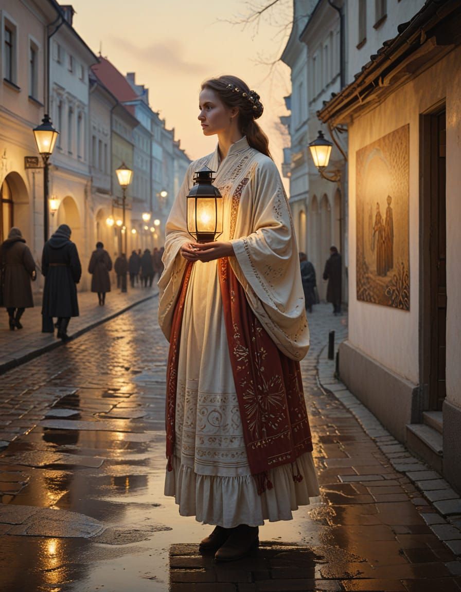 Vilnius Street Scene in Dreamy Lithuanian Folklore Style