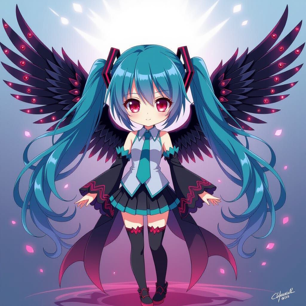 Chibi Miku as Black Ruby Seraphim in Dark Fantasy Anime Styl...