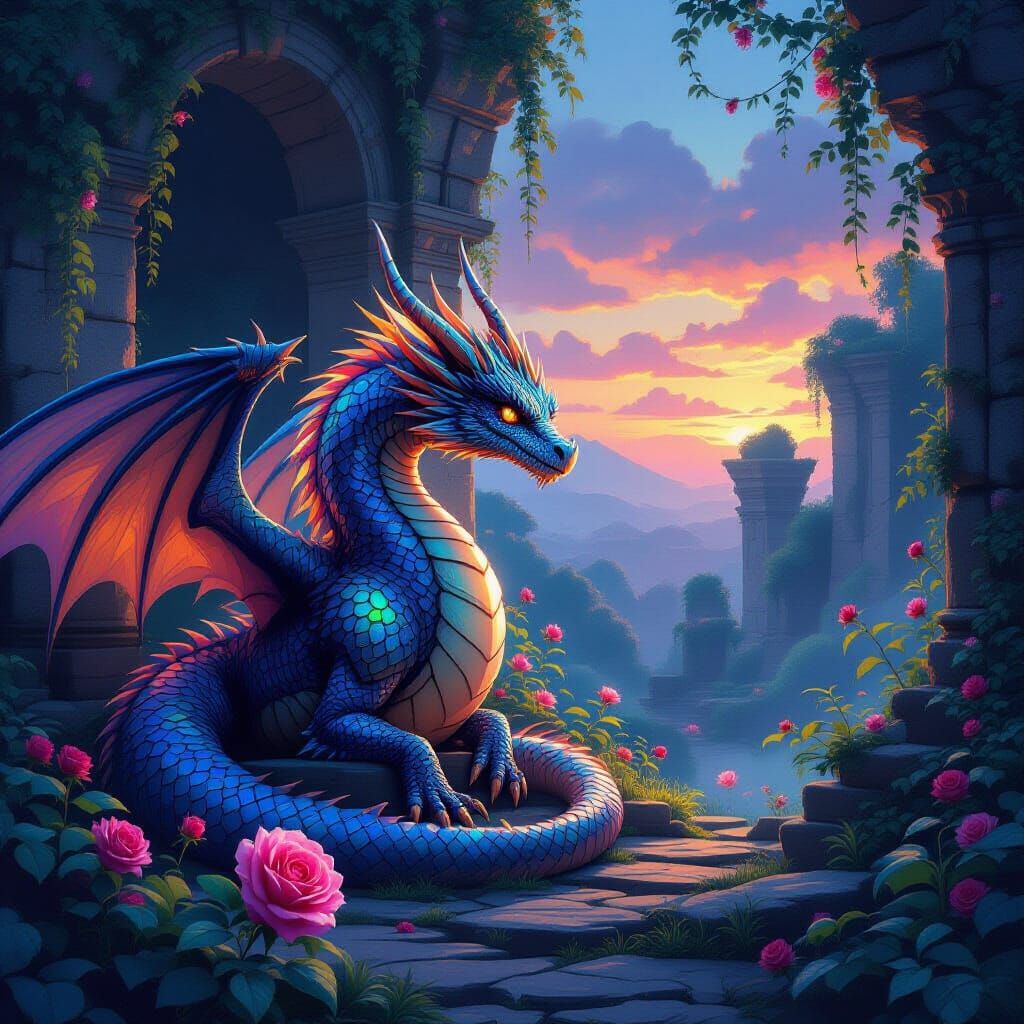 Majestic Dragon Guards Ancient Ruin with Luminous Flora