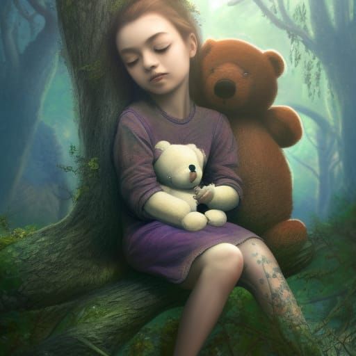 Girl Hugging Teddy Bear: Matte Painting