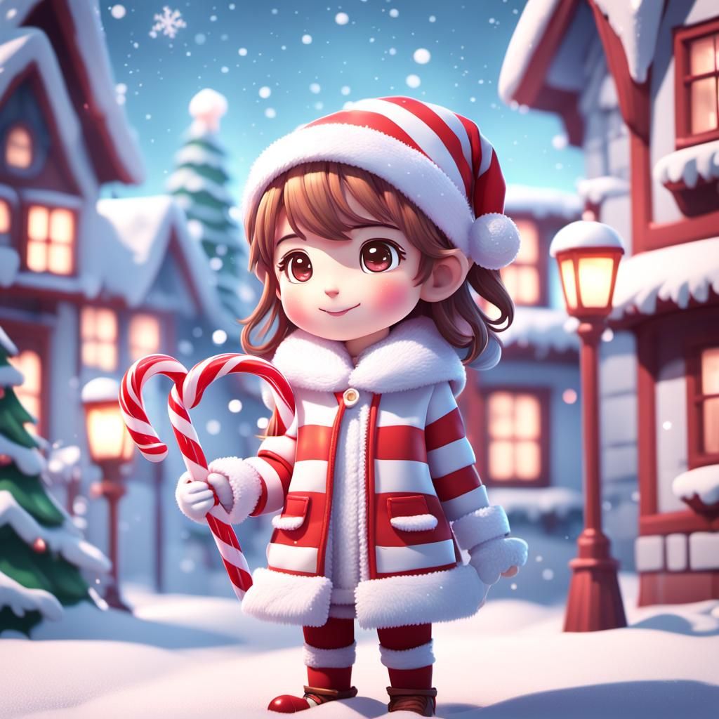 Chibi Character with Candy Cane in Anime Style