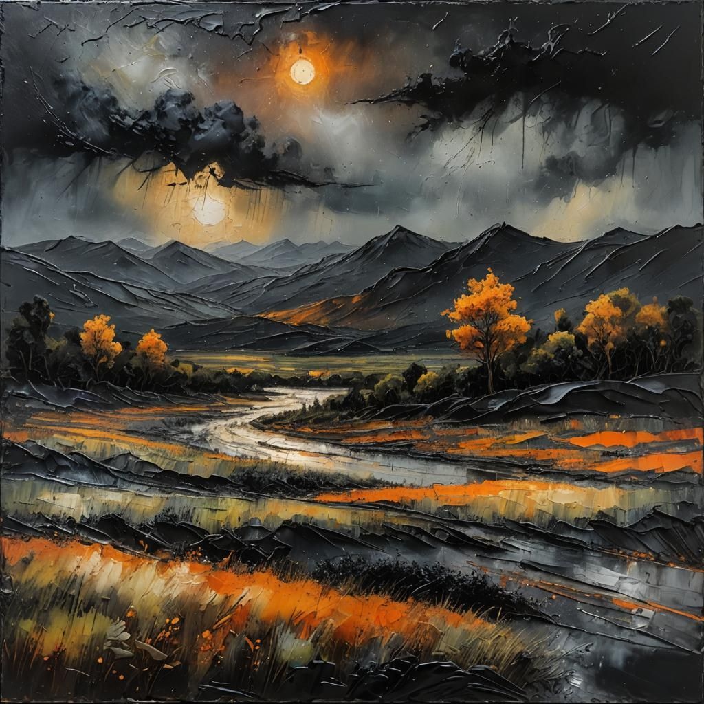Encaustic Painting of Black Elan in Rainy Landscape
