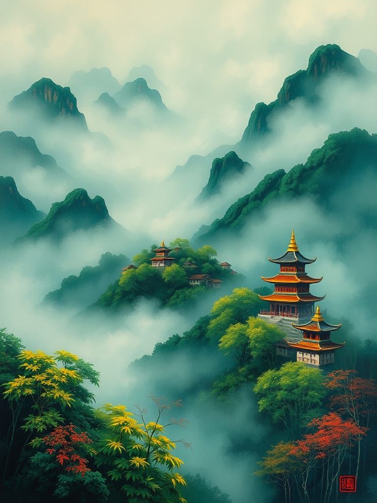 Vibrant Chinese Landscapes in Mixed Media
