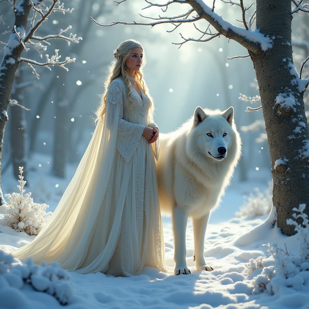 Snow Elf and White Wolf in Winter Forest