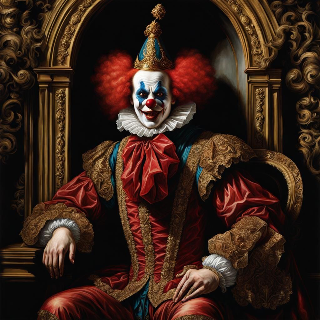 Demonic Clown in Throne Room: Chiaroscuro Painting